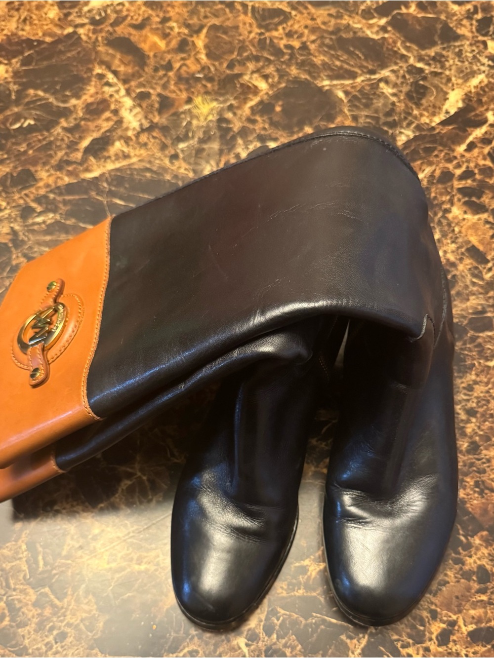 Micheal Kors Black and Tan Leather Fold-Over Boots-size 7